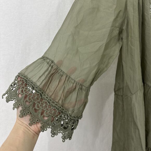 Scandal Italy Juliet Green Silk Blend Crochet Lace Flowy Tie Neck Top Womens O/S - Picture 7 of 13